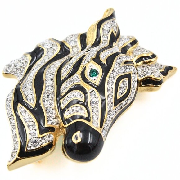 Splendid Swarovski Signed Zebra Head Gold Tone Encrusted Crystal Brooch - Picture 5 of 10
